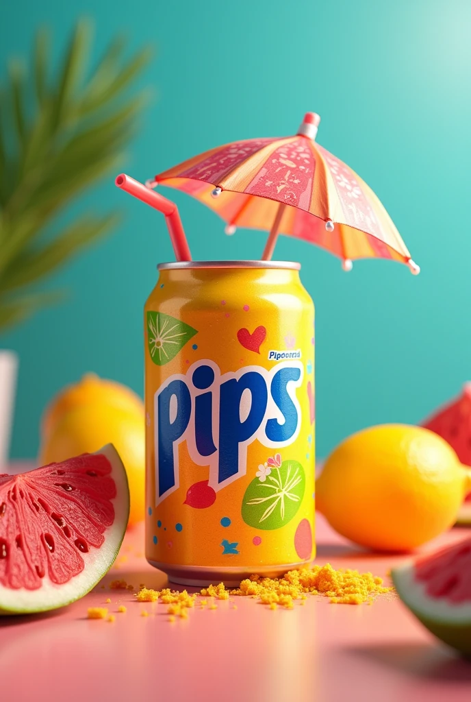pips brand soda can with an umbrella and straw