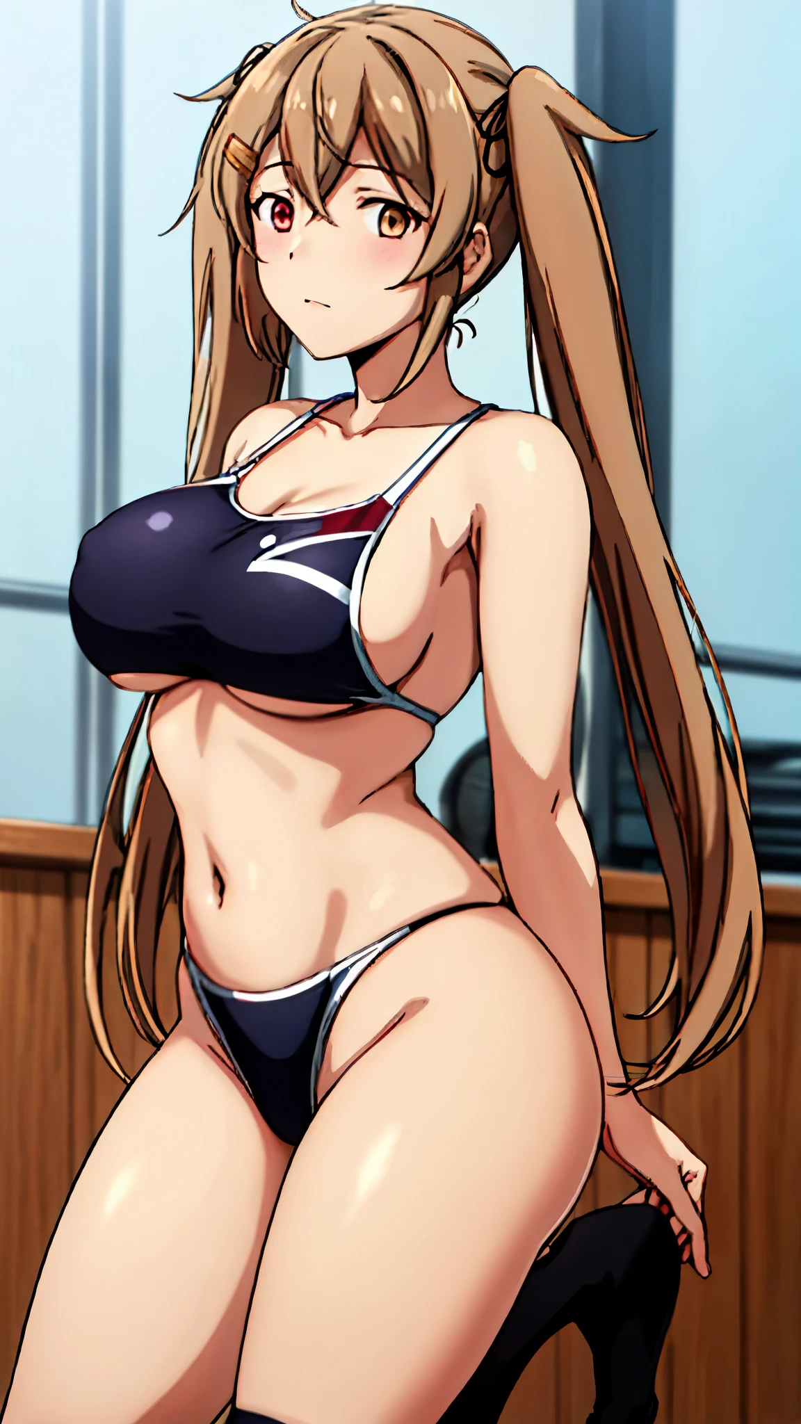 Highest quality masterpiece High resolution Kantai Collection_Murasame One Girl Brown Hair Twin tails (Swimwear) Big Breasts Knee socks Gentle expression Raise one leg