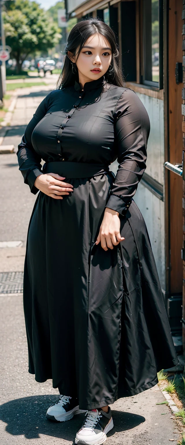 ((best quality)), ((masterpiece)), (detailed), malay woman, perfect face, araffe woman in a dark-black gamis walking down a street, thicc, she has a jiggly fat round belly, bbwchan, wearing tight simple clothes, skinny waist and thick hips, widest hips, her belly is fat and round, soft curvy shape, hyperrealistic full figure, wearing gamis , wide hips, sneakers 