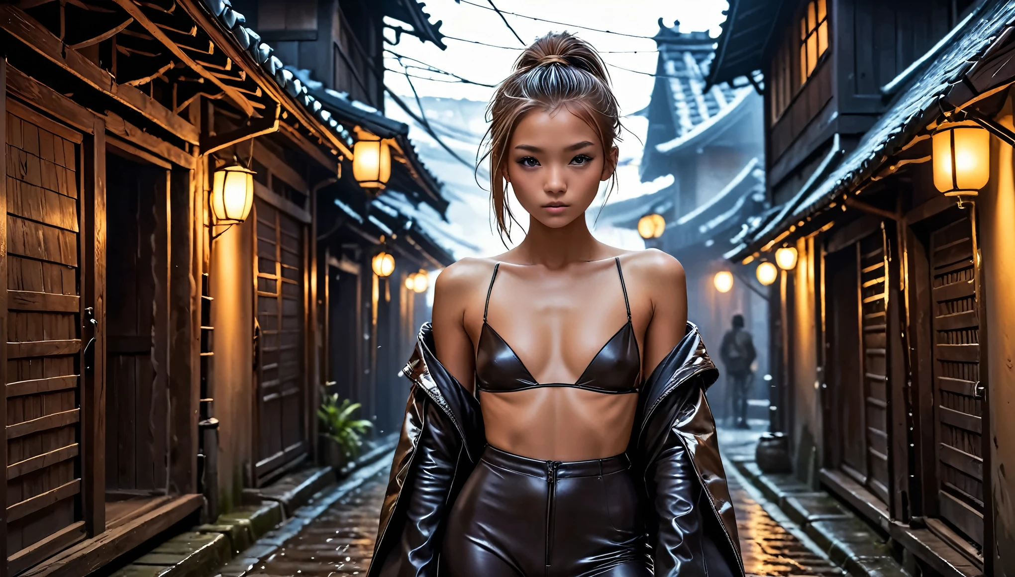 8k, high resolution, masterpiece, ultra-detailed, full body shot, (((cute tanned barely legal girl in worn leather kimono and leggings, shiny puffer jacket off-shoulder, wide neckline, deep neckline))), (small perky breasts, small hips, detailed face, seductive expression, long slick ponytail hair, pale skin, some tattoos), (((in a dark dungeon, moody atmosphere, random dramatic and neon colors, intricate details, dim light from behind, at night, backlit, full body shot, random pose)))