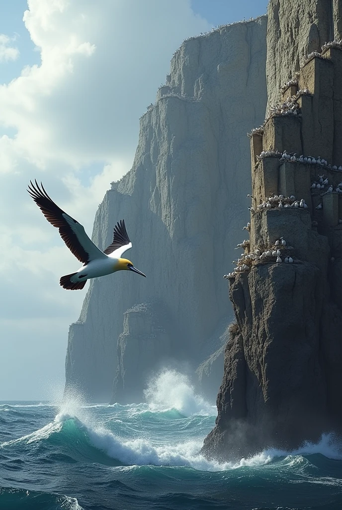 Flying Gannet looking at a cliff full of gannets