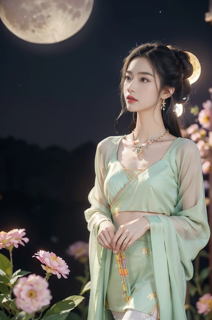 (((best quality))),(((ultra detailed))),(((masterpiece))),illustration,((1 beautiful girl,solo)),(neat chignon:1.2),((earrings,crystal necklace)),((slim,thin)),((small breasts,flat chest)),(slender legs:1.2),(stockings:1.3),(a moon in the clear night sky as the background:1.3), gentle glow,(Standing in the world full of vibrant flowers:1.3),(gorgeous hanfu:1.3),sparkling eyes,graceful,(surrounded by crowded colorful flowers:1.5), kaleidoscope, shimmer,bright moonlight, delicate petals, fragrance, otherworldly, magical realm, enchantment, tranquility, essence of beauty, peace,(outdoor:1.),(night scene:1.3),((from front,upper body))