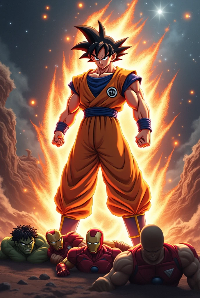 Goku Ultra Instinct fights the Avengers, Goku wins, (Thor) (Hulk) (Iron man) (Captain America) all lie at Goku's feet.