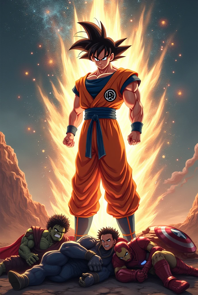 Goku Ultra Instinct fights the Avengers, Goku wins, (Thor) (Hulk) (Iron man) (Captain America) all lie at Goku's feet.
