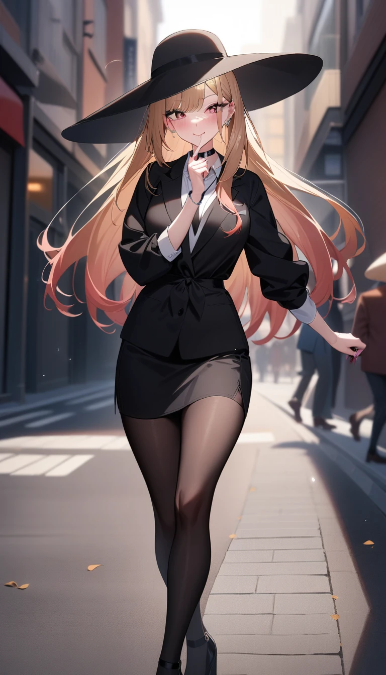 1girl, kitagawa marin, sono bisque doll wa koi wo suru,walking on street,side shot,elegant secret spy,elegant black jacket, wide brimmed hat,perfect hands,masterpiece,very aesthetic,newest,sensitive