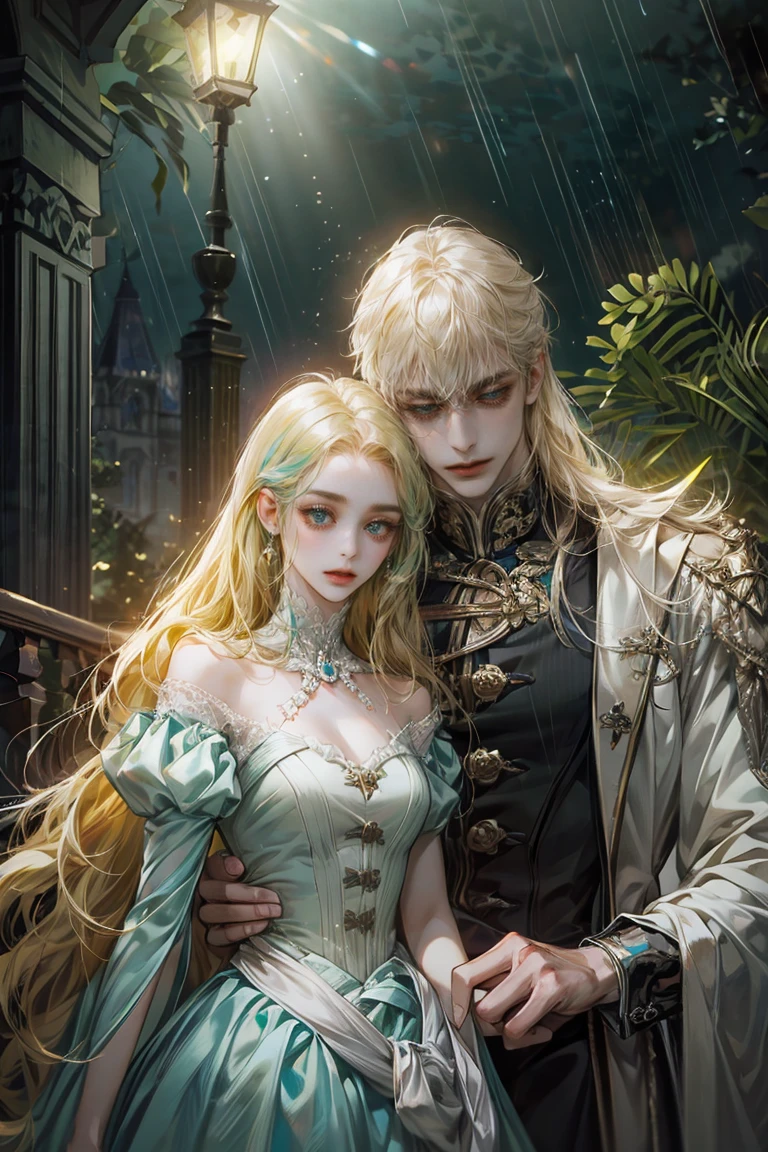 8k, complex, elegant, Very detailed, majestic, digital photography, surreal painting, defeat magic, night garden, blue tones,Winding lightning, (masterpiece, side light, fine and beautiful eyes: 1.2), HdR, (ojos verde brights)), victorian dress, ( bright), Chica elegant, cana, musculature, White skin, Raining, elegant, in front of the camera, masterpiece, different hair colors, black hair blue eyes man, white long hair blue eyes woman, noticeable height difference, slender girl, robust muscular boy
