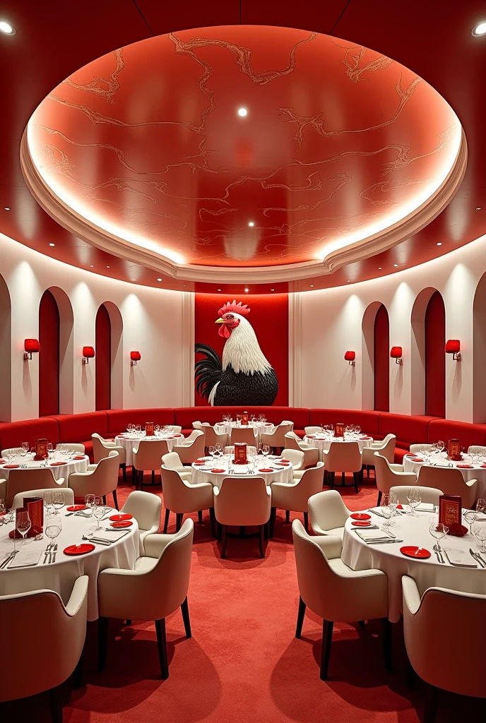 A huge circle salon for a restorant, Walls panited white and red and Has a Chicken picture, red and white abstract ceiling with d/f spot lights, redish Brown light from the spot light,Red color tableas with white chares scaterd ,Menu on every table,