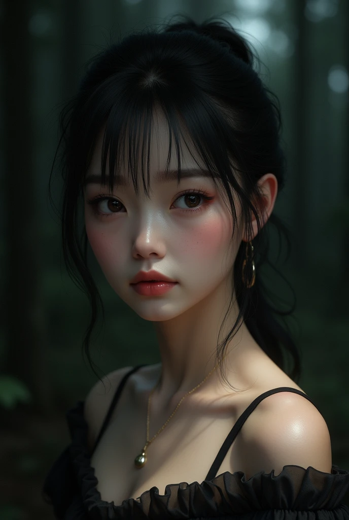 One Girl，(1人のとてもcute:1.3)，masterpiece，Highest quality，High resolution，From below，Low - Angle，Photorealistic，RAW Photos，Ray Tracing，beautiful girl，(:1.3)，cute，Big eyes，(detailed pupils:1.2)，(Face turned to the side:1.3)，Cute nose，Beautiful nose，Upturned nose，Fuller lips，Short black hair，ponytail，short hair，Detailed eyelashes，Thin eyebrows，Very fine grain definition，(profile:1.3)，(Face close-up，Face Focus:1.0)，Small breasts，Short neck，Off the shoulder，People emerge，Dark Background，forest，Portrait，Look to the side，Upper Body，Cinema Lighting，High resolution，Very detailed