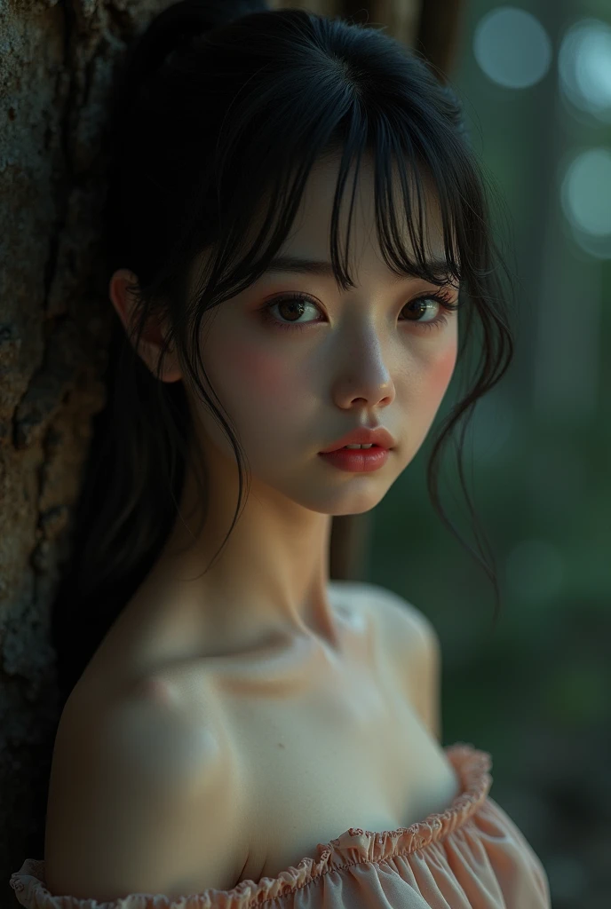 One Girl,(1人のとてもcute:1.3),masterpiece,Highest quality,High resolution,From below,Low - Angle,Photorealistic,RAW Photos,Ray Tracing,beautiful girl,(:1.3),cute,Big eyes,(detailed pupils:1.2),(Face turned to the side:1.3),Cute nose,Beautiful nose,Upturned nose,Fuller lips,Short black hair,ponytail,short hair,Detailed eyelashes,Thin eyebrows,Very fine grain definition,(profile:1.3),(Face close-up,Face Focus:1.0),Small breasts,Short neck,Off the shoulder,People emerge,Dark Background,forest,Portrait,Look to the side,Upper Body,Cinema Lighting,High resolution,Very detailed