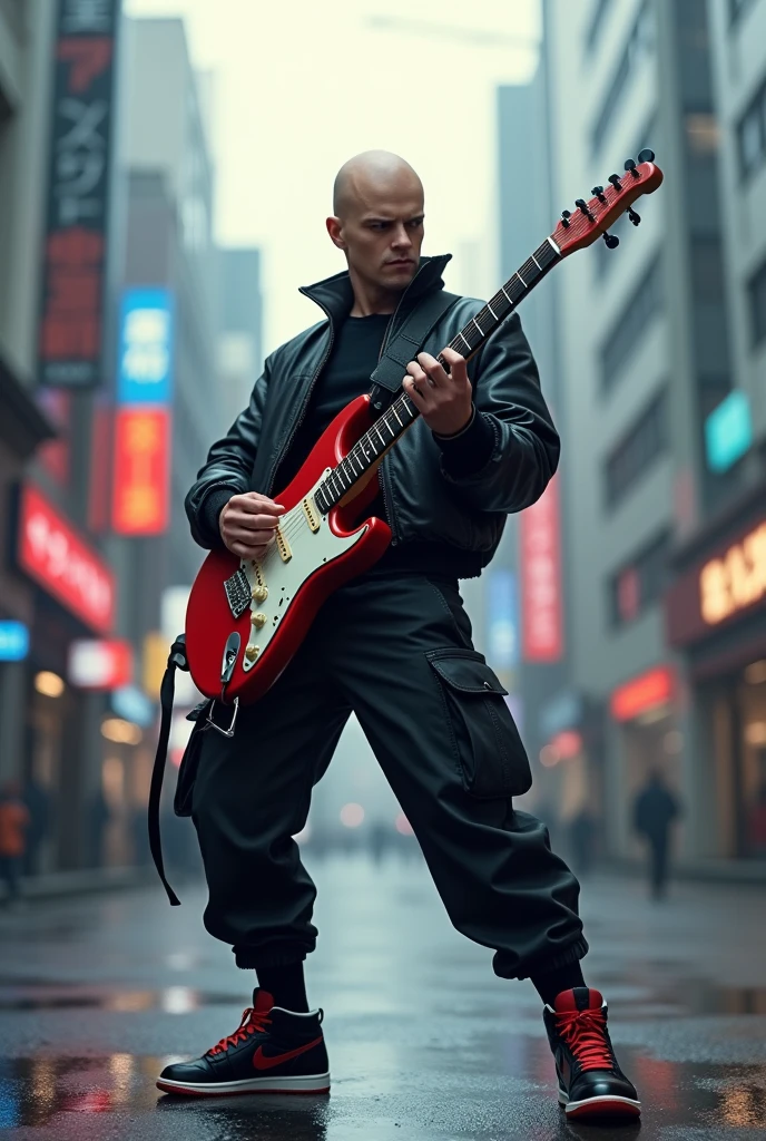 Saitama, One Punch Man::1 cyber jacket, black pocket pants, black and red Jordan shoes, bald, muscular::0.8 Playing guitar electric in the middle of the street::0.6 blurred Japanese city background::0.7 high photography::0.9 masterpiece art::0.9 best quality::0.9 --niji 5