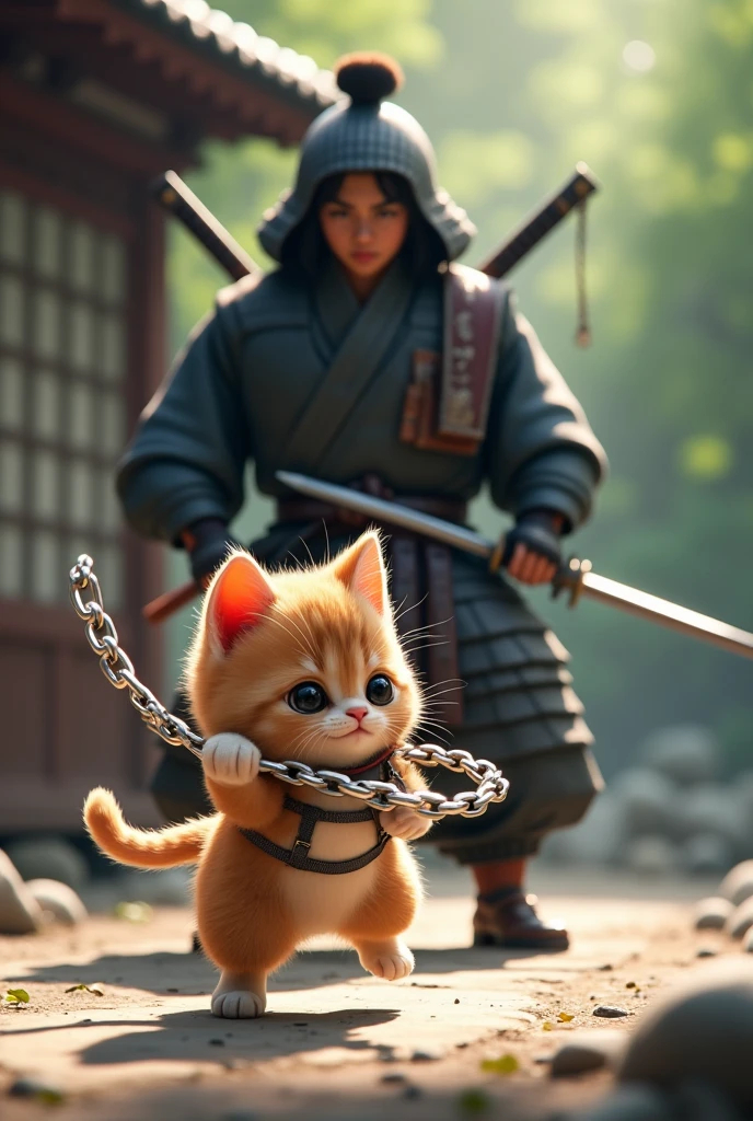 A cute kitten is swinging a chain、A cute kitten with a big head is swinging a kusarigama boldly.、The opponent is Miyamoto Musashi, a two-sword warrior