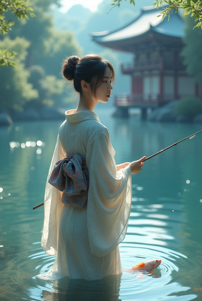 (best quality), (masterpiece), (Ultra-high resolution), (Clear face), (Reality: 1.4), (perfect lighting),(photorealistic:1.30), anime wallpaper, Guviz style artwork , fantasy cover up to magic , by Yang J, Guviz, beautiful artwork illustration, beautiful digital artwork, beautiful digital illustration, Li Song, beautiful anime portrait, art style at Beauvot,illustration, ethereal and beautiful, highly detailed, CG, unity, 8k wallpaper, Amazing, fine detail, official art, highly detailed CG unity 8k wallpaper,absurd, extremely absurd, large file size, highly detailed , high resolution, very detailed,beautiful girl with details, very detailed eyes and face, beautiful detailed eyes,light on the face,cinematic lighting, A female, kimono , Japanese clothes, Japanese temple, realistic, (full body:1.7), (Turning back viwer), Fishing, holding a fishing rod, outdoor, Lake, Crystal skin details, Glowing skin, ferpect lighting, Soft light, Take a boat, Ika, Fish that is struggling,