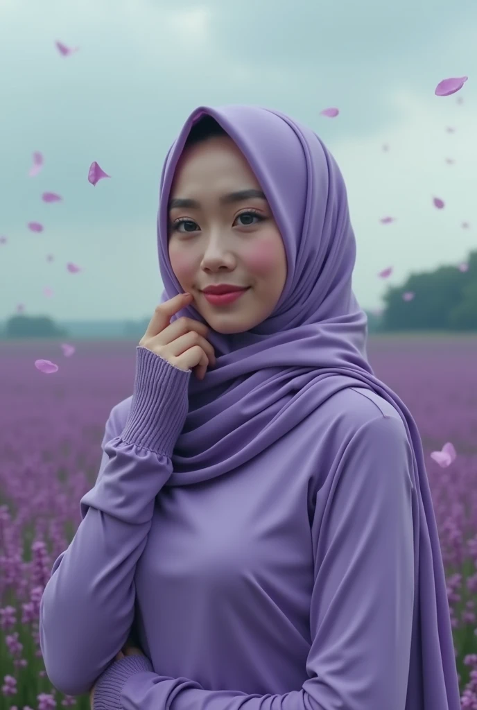 masterpiece, an indonesian women
2, solo,mature female, purple hoodie , brown pants, long hijab motif, outdoors, purple flower field, looking at viewer, (falling petals), cloudy sky, perfect composition, detailed lips, beautiful face, body propotion, blush, (pink lips), long hijab, blue eyes, soft gaze, smyling thinly, super realistic, detailed, photoshoot, realistic face and body, realistic hijab, realistic eyes, realistic nose, realistic lips, photo from infront of body, fokus, 8K, 5D
