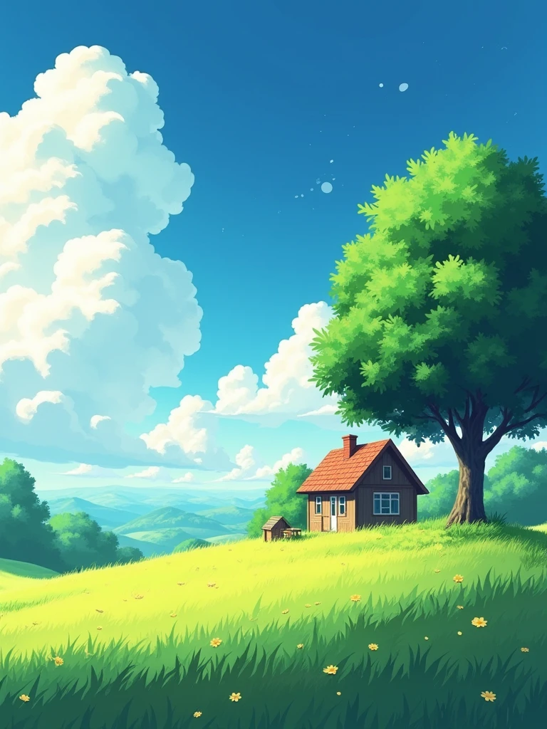 Viral anime nature wallpaper in 4K quality, in the style of digital illustration inspired by Satoshi Kon, A picturesque landscape with a small house in a grassy field. The sky is filled with fluffy white clouds, and there is a tall, green tree on the right side of the image. The whole scene is bathed in a warm, golden light. The image evokes a sense of peace and tranquility. The house is a symbol of home and comfort, and the clouds represent the vastness of the sky and the endless possibilities of life. The green tree is a sign of life and growth. The warm light of the sun represents hope and optimism. Overall, the image is a beautiful and inspiring vision of a peaceful and serene world.