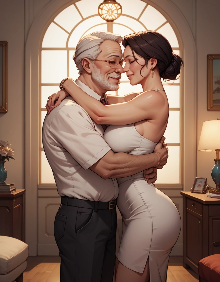 score_9, score_8_up, score_7_up, 1old man , 1girl, mature female, (woman and grandfather), in a room, woman and old Man, hugging 