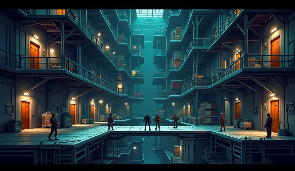 ### **Level Design:**
- **Dynamic Prison Layout:** The prison has a layered, multi-floor design with interconnected hallways, ventilation shafts, hidden passages, and multiple security zones. Each zone presents different challenges based on the thieves' abilities.
- **Puzzles & Obstacles:** Levels include a mix of puzzles that require using the right thief for the job—like moving heavy objects to reach vents, disarming traps to clear the way, or using heightened senses to navigate dangerous areas.
- **Guard Patrols:** Guards patrol specific routes but respond dynamically to player actions, such as reacting to noises, spotting disturbances, or investigating missing items.
- **Security Systems:** The prison is equipped with cameras, laser grids, pressure plates, and gas traps, all of which can be disabled or avoided using the thieves' abilities. 
Generate an platform based side view  game visual representations in the game pixel format 