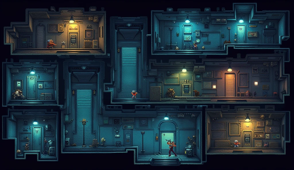 ### **Level Design:**
- **Dynamic Prison Layout:** The prison has a layered, multi-floor design with interconnected hallways, ventilation shafts, hidden passages, and multiple security zones. Each zone presents different challenges based on the thieves' abilities.
- **Puzzles & Obstacles:** Levels include a mix of puzzles that require using the right thief for the job—like moving heavy objects to reach vents, disarming traps to clear the way, or using heightened senses to navigate dangerous areas.
- **Guard Patrols:** Guards patrol specific routes but respond dynamically to player actions, such as reacting to noises, spotting disturbances, or investigating missing items.
- **Security Systems:** The prison is equipped with cameras, laser grids, pressure plates, and gas traps, all of which can be disabled or avoided using the thieves' abilities.
Generate an platform based side view game visual representations in the game pixel format