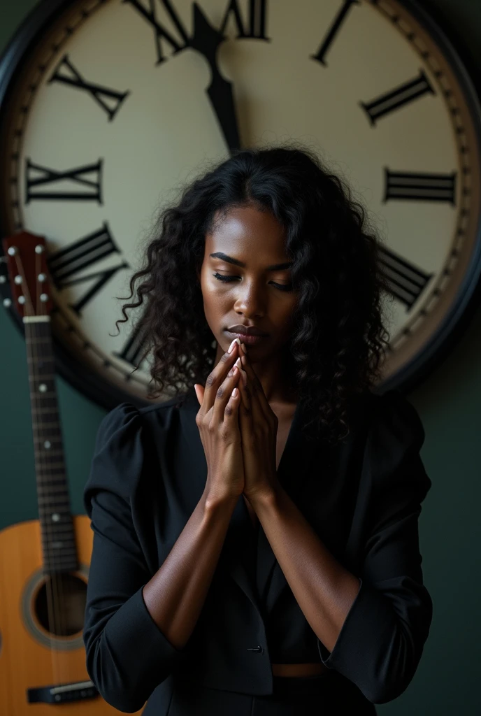 sad black woman with big old clock broken broken hand and a guitar in the background