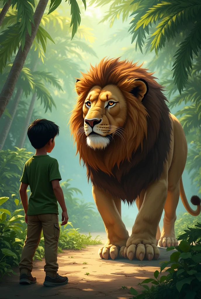 The lion turning away from teenage boy Atif who was wearing green shirt and khaki trouser, walking back into the dense jungle.