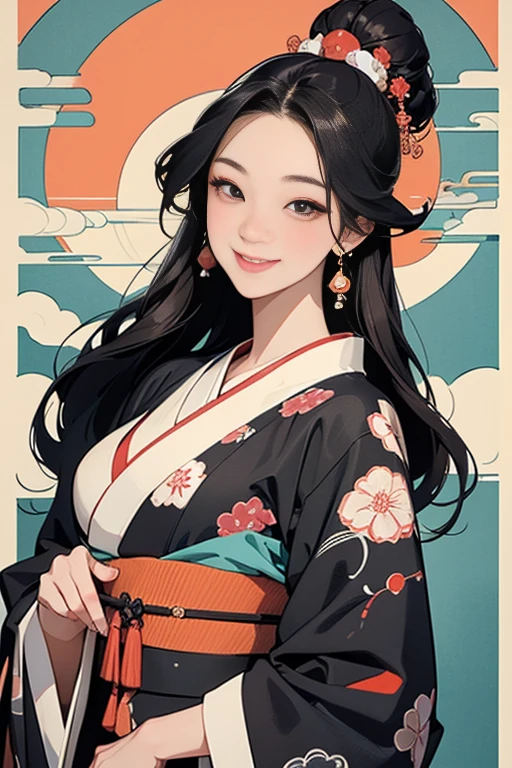 A beautiful woman smiles and shows her upper white teeth、Vividly colored Japanese Ukiyo-e style illustrations、(SeaArt creates stunning illustrations of beautiful women in kimono)、Brown-black long hair、Beautiful full body style、Let's dance a little Tokyo Ondo Yoiyoi、Beautiful digital painting,、Bright vibrant digital anime art、 Detailed digital anime art、 Beautiful anime portraits、background、Torii gate of a shrine in Kyoto, Japan、Detailed CG、