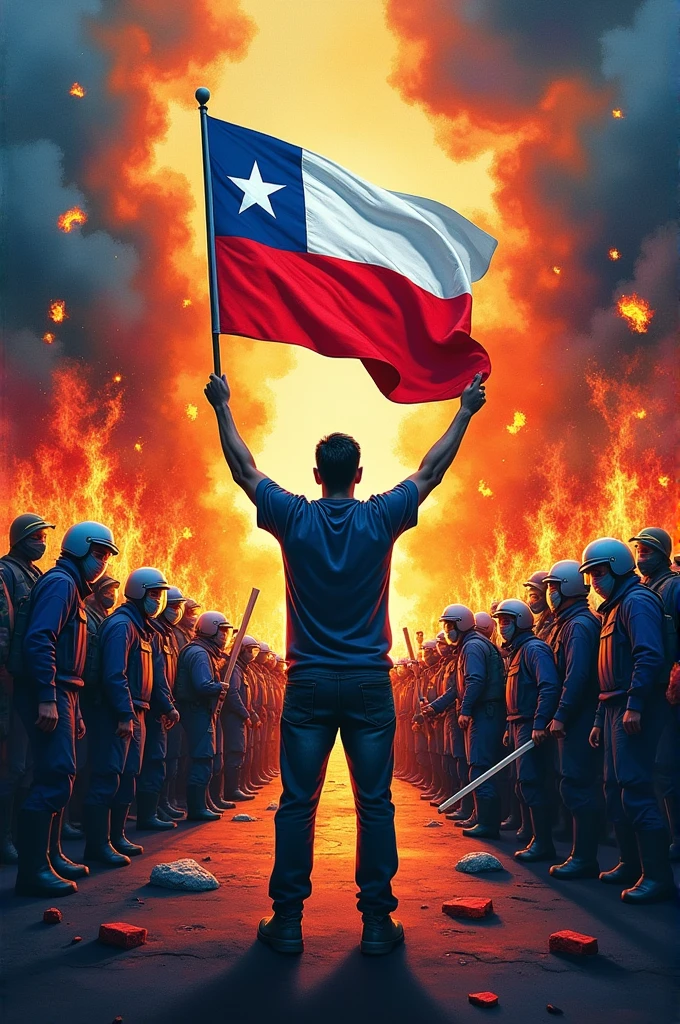 Make me a mural with the following description: At the center of the mural, A human figure with raised arms and a Chilean flag in hand, surrounded by flames and smoke, symbolizing the struggle and passion of the protesters.
around the figure, Images of protesters wearing masks and scarves are seen covering themselves from tear gas, Throwing stones and sticks, and confronting riot police.
At the top of the mural, It is read in large, black letters: "The united people will never be defeated", a popular slogan in the Chilean protests.
On the bottom, You see a line of text that says: "No more abuse, no more corruption, No more impunity", reflecting the demands of the protesters.
The background of the mural is a mix of vibrant colors, like red, blue and yellow, representing the energy and passion of the social struggle.
