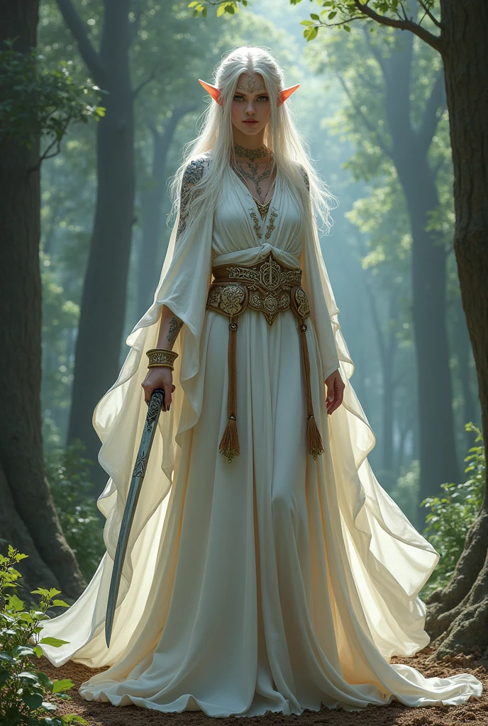 Baelnorn bladesinger wielding a katana and wearing white archmage robes to d&d