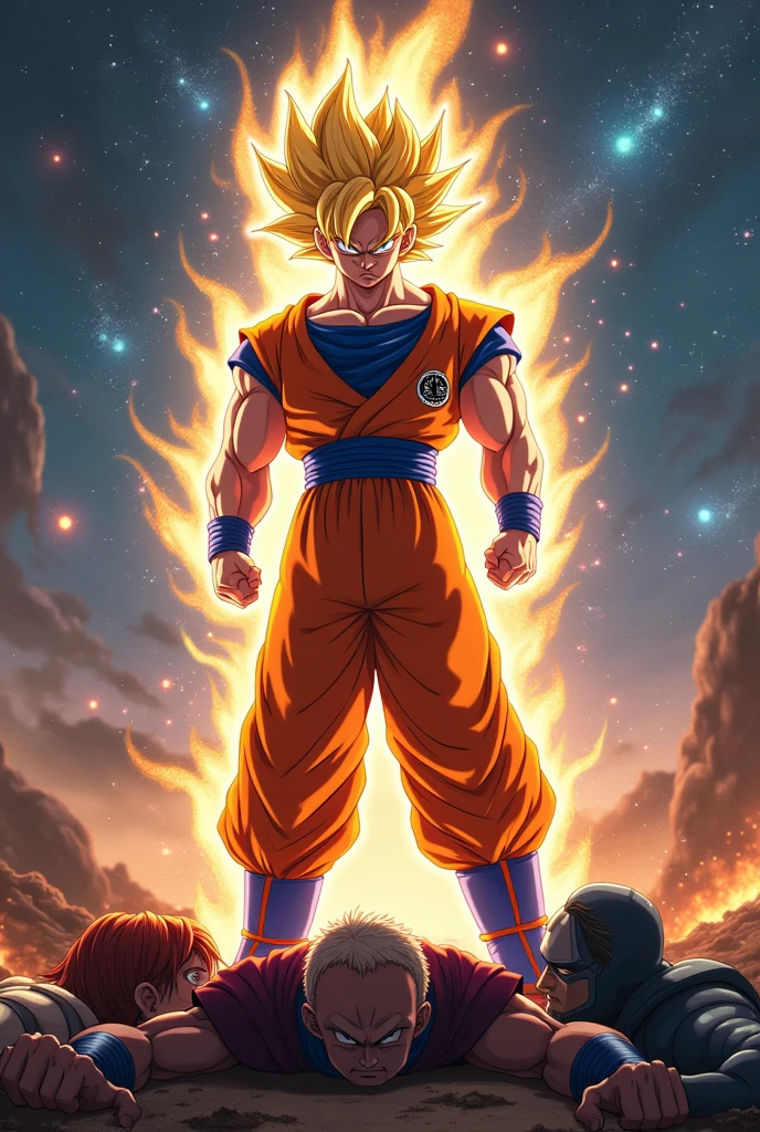 Goku Ultra Instinct fights the Avengers, Goku wins, (Thor) (Hulk) (Iron man) (Captain America) all lie at Goku's feet.