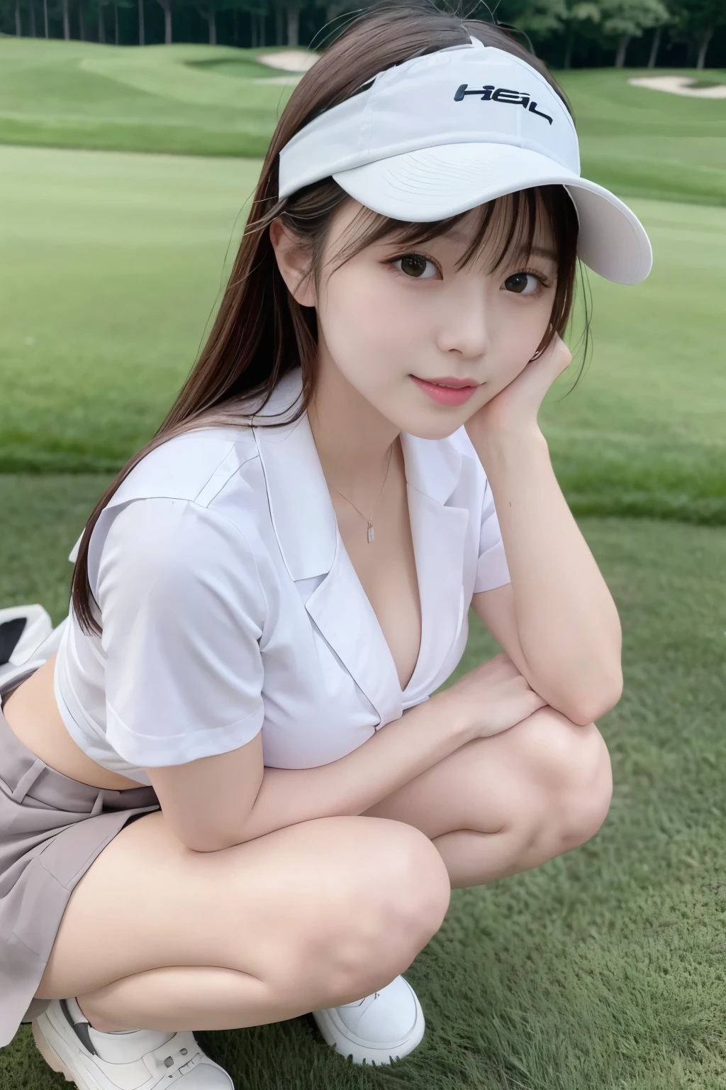 12 years old pretty girl、Cute Junior High School Student、NSFW、Super detailed、High resolution、transcendental beauty highest quality、masterpiece、knee socks、Majimix Real、(RAW photo:1.2)、(Photoreal:1.4)、Beauty in the beautiful details、and delicate expression、On the green of the golf course、blonde、(boyish:1.5)、blonde、brown hair、brown hairショートウルフヘアの髪、brown hairマッシュヘアの髪、((you can see me))(squat)、golf club、golf wear、Sun visor、Golf Gloves、necklace、fancy piercings、eyelash、sparkling eyes、glossy lips、beautiful and detailed eyes、very detailed expression、Highly detailed face movie lighting、positive、((dynamic pose)))、(open stance))、(The wind blows up my golf skirt.:1.6), fancy 、torn golf shirt、Golf Shoes, (Open the crotch and expose the pubic area:1.5), (Accurately represents the shape of the female genitals:1.5), (Detailed depiction of the labia minora, vaginal opening, Detailed depiction of the clitoris:1.5), (spread your legs wide:1.6), (small breasts、small breasts:1.5)、(No panties:1.3)、angle from below
