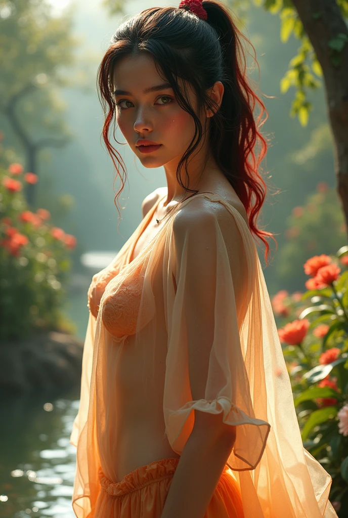 Full body view, full view woman ,long Perfect legs, fit waist, Miracle young woman in transparent Organza blowed Wawe tunik , master piece , UHD 8k , dark hair with Red highlights on pony taił, green big eyes , around miracle scenery Garden with flowers . Lack underwear , public hair , wet skin . Hot atmosfera, some drop of sweat , full pose, full body view, no pants, no bra, no underwear,