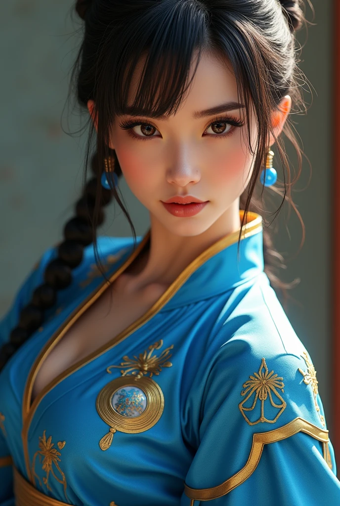 ((Highest quality)), ((masterpiece)), (detailed), 1 personの, sexy、Chun-Li from Street Fight II,The perfect Chun-Li costume,Blue Chinese dress with gold lines,Bunhead,Good cover,Fighting Pose,masterpiece、美しい少女1 person、Beautiful Eyes、Puffy eyes、Highest quality, 超High resolution, (reality: 1.4), Cinema Lighting、Japanese、Asian Beauty、Korean、so beautiful、Beautiful Skin、Body facing forward、Face close-up、(超reality的な)、(High resolution)、(8k)、(非常にdetailed)、(美しくBeautiful Eyes)、(非常にdetailedな)、 (wall-)、detailedな顔、Bright lighting、Professional Lighting、Looking at the audience、Look straight ahead、Diagonal bangs、Nogizaka Idol、Korean Idol、masterpiece, Highest quality, masterpiece, Highest quality, Perfect Face, Perfect brown eyes with white sclera, Bad move -5, alone, 1 person, Upper Body, Brown Hair, From SF2, Chinese Language Services, smile, Muscular Woman, Blue clothes, pantyhose, Pelvic Curtain, puffy short sleeve, Good cover, sash, evaluation:security intelligence
