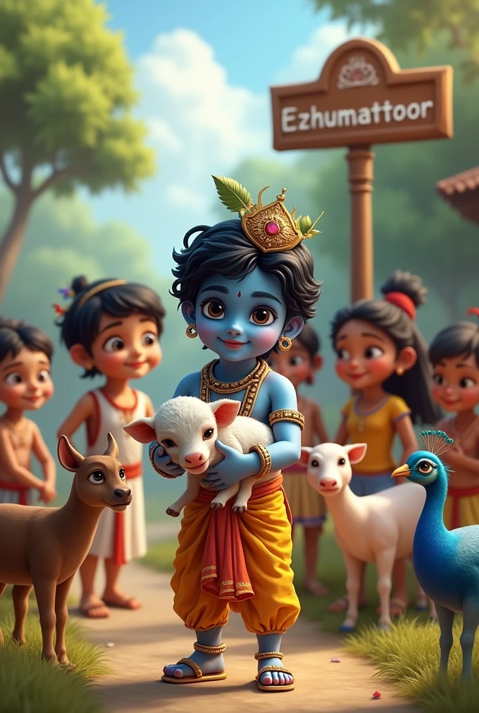 little blue krishna is holding a cow baby with his hand and standing in a village with his boys and girls friends. Village name EZHUMATTOOR is highlighted in road sign board. There are some baby cows and peacock birds nearby