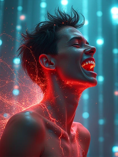 a surreal, abstract digital artwork of a person being killed by Wi-Fi waves, detailed facial features, cinematic lighting, dramatic atmosphere, psychedelic colors, glowing neon effects, intricate details, intricate patterns, highly detailed, 8k, photorealistic, award winning digital art, conceptual, surreal, dystopian, dark, moody, fantasy, science fiction, dramatic, cinematic, vibrant colors, neon lights, glowing energy, intricate textures, sharp focus