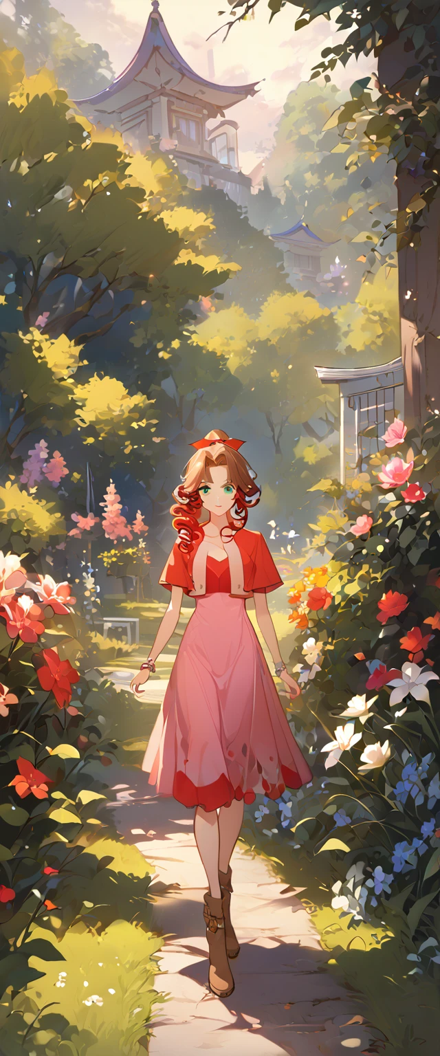 masterpiece, best quality, 8k, 4k, 1girl, aerith gainsborough, brown hair, high middle bang, longer side curly bang, long tight curly ponytail, green eyes, red hair ribbon, red bolero jacket, short sleeve jacket, cropped jacket, black tie choker, long pink straight dress, brown boots, bangles, walking in a garden, flowers, detailed background,, inspired by Asukaziye artist : ask, art style : ask