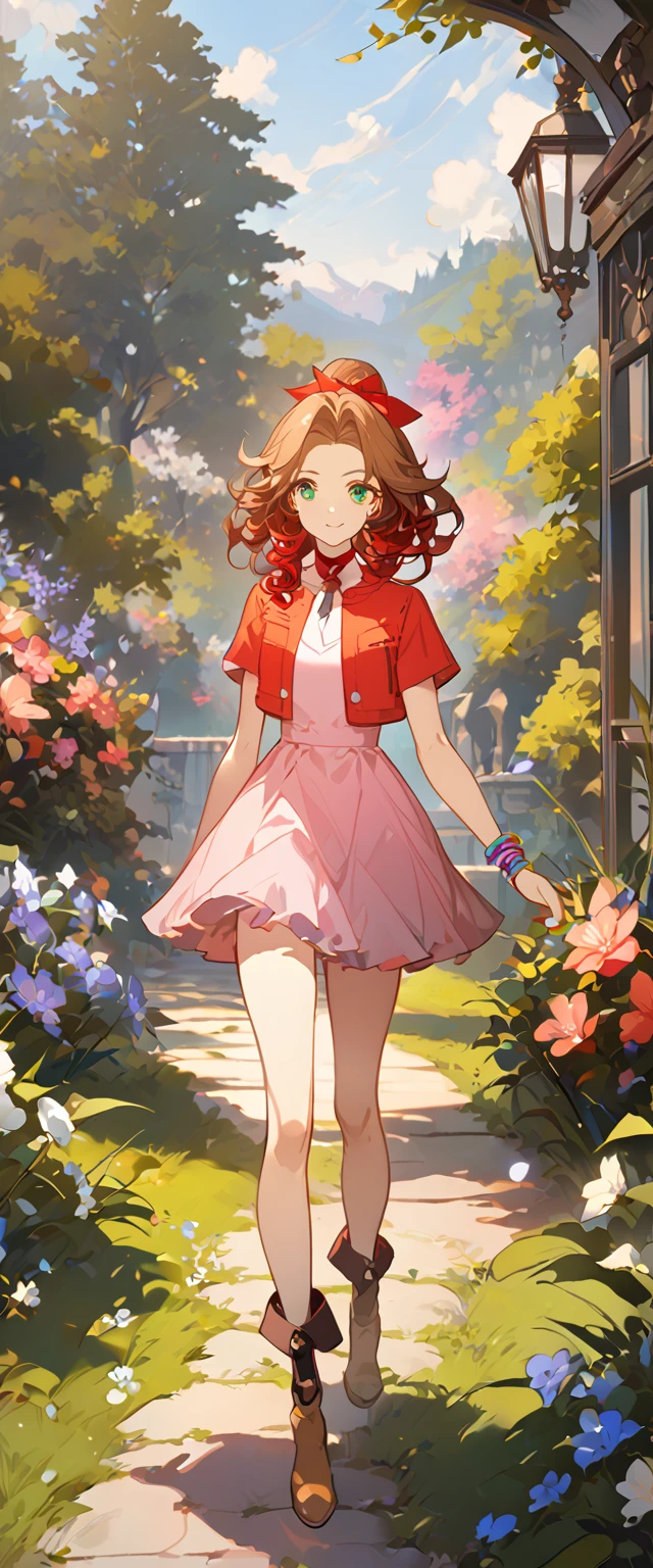 masterpiece, best quality, 8k, 4k, 1girl, aerith gainsborough, brown hair, high middle bang, longer side curly bang, long tight curly ponytail, green eyes, red hair ribbon, red bolero jacket, short sleeve jacket, cropped jacket, black tie choker, long pink straight dress, brown boots, bangles, walking in a garden, flowers, detailed background,, inspired by Asukaziye artist : ask, art style : ask