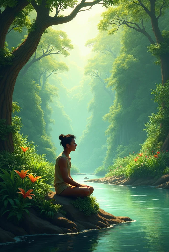 I'm alone but happy. I'm sitting on the bank of a river that runs through a jungle.