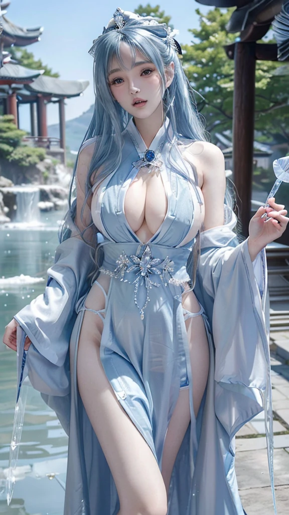 best quality,masterpiece,Ultra-high resolution,photoactual:4:0,In front of the Ice Crystal Palace,An ice goddess,Head style,Long flowing blue hair,Big breasts,Wearing a blue and white Japanese witch costume,Holding an ice crystal staff