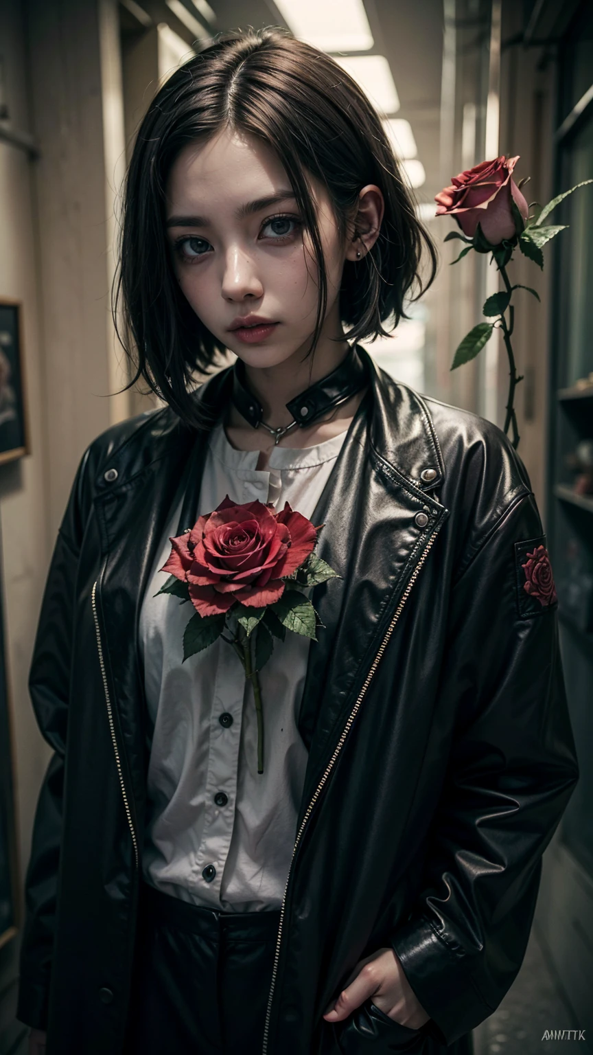 (Arielp style:1.0), dark, Horror, Spooky, Spooky-looking, Painting, Lovecraft, , , She lifted, Black Hair, black Jacket, Brown Hair, devil, flower, High resolution, Jacket, Orange eyes, red flower, red Rose, Rose, shirt, short hair, white shirt