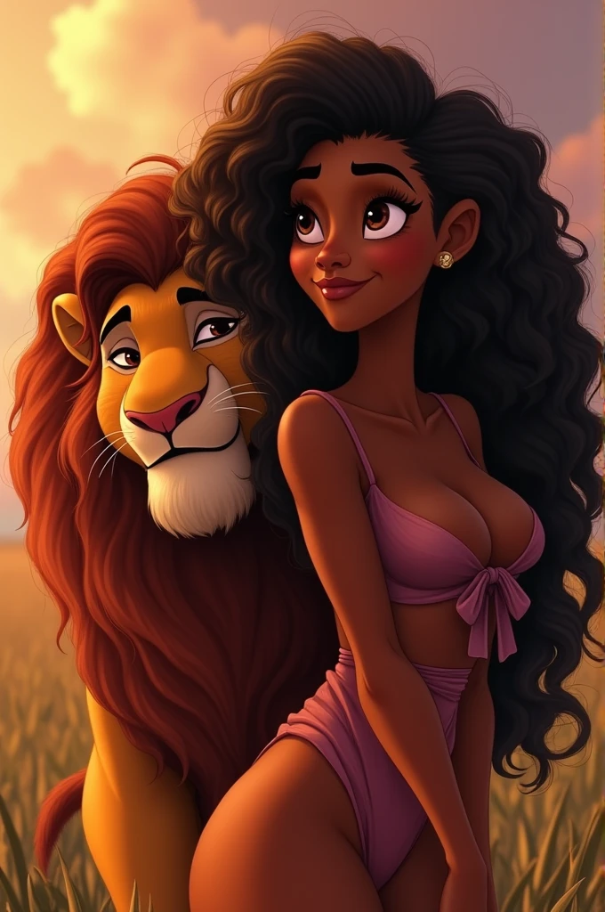  Create a Disney Pixar style girl , she is next to a lion, This is a black woman with long curly hair 