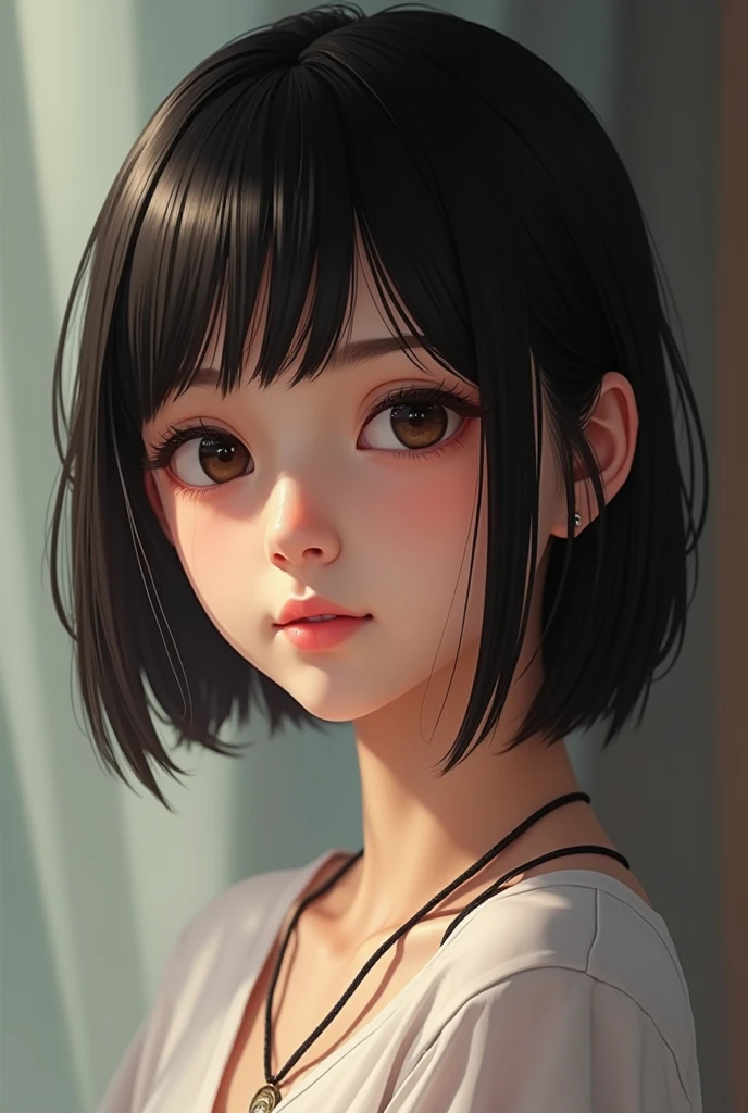 real girl with short hair and a necklace looking at the camera, a character portrait inspired by Kanō Naizen, trending on Artstation, digital art, photorealistic real girl render, 8k portrait render, smooth real cg art, badass anime 8 k, 3 d realistic, hyper realistic , stunning real face portrait, detailed digital art