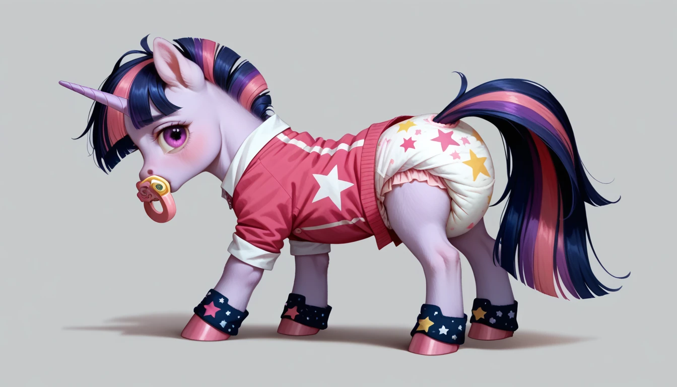 pony, purple unicorn, dark blue mane with purple streak and pink streak, the tail is dark blue with a purple strand and a pink strand, purple eyes, on the side close to the back hoof is a drawing of a pink star with six small stars around a central star, adult mare, stands on four hooves, rear hooves spread wide apart, dressed in an adult size bodysuit and booties, baby adult size pacifier in mouth, solo, thick diaper under clothes, pink blush on cheeks, Embarrassment, Awkwardness. 