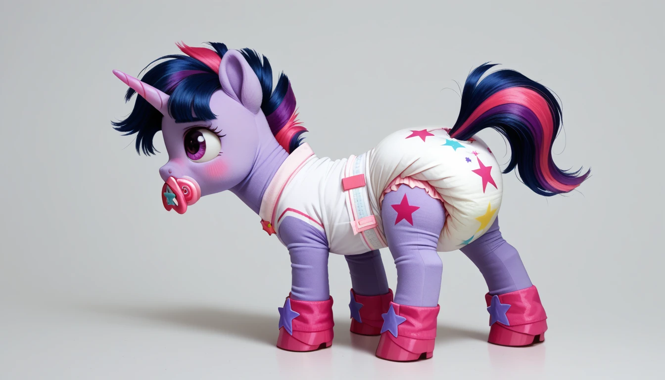 pony, purple unicorn, dark blue mane with purple streak and pink streak, the tail is dark blue with a purple strand and a pink strand, purple eyes, on the side close to the back hoof is a drawing of a pink star with six small stars around a central star, adult mare, stands on four hooves, rear hooves spread wide apart, dressed in an adult size bodysuit and booties, baby adult size pacifier in mouth, solo, thick diaper under clothes, pink blush on cheeks, Embarrassment, Awkwardness.
