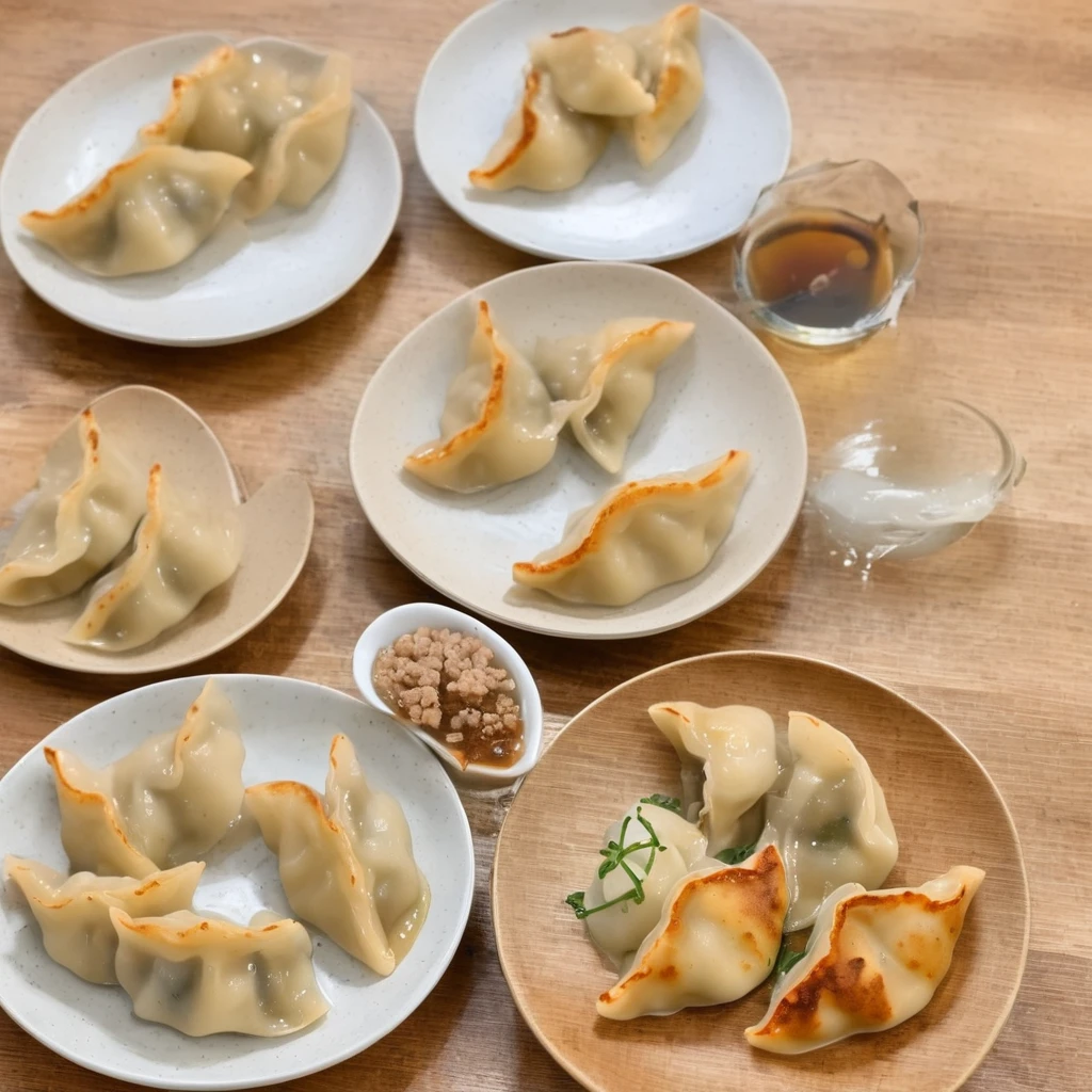 ((One side is brown and discoloured)).((Baked dumplings)),((crescent shaped gyoza:1.********u can see the minced meat through the dough...))、These dumplings are made from wheat flour dough rolled out thinly and shaped into semicircular shapes...、Put a lot of gyoza on different plates.、