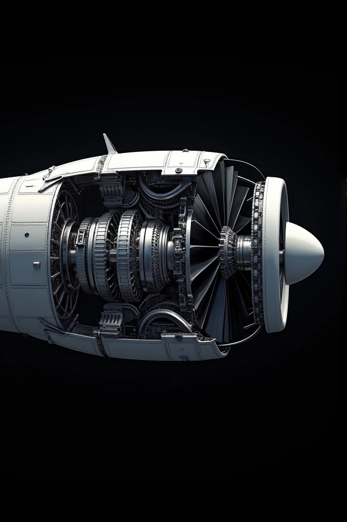 Opened aircraft engine propulsion with black background