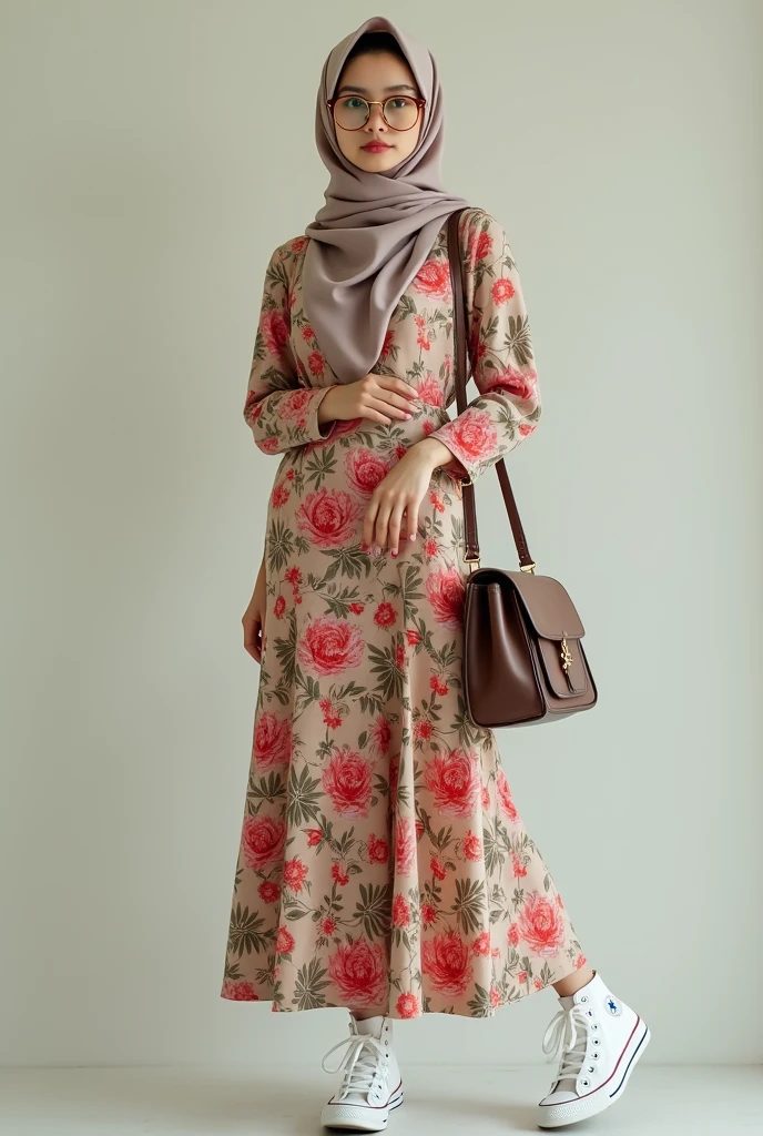 An image of a beautiful asian malaysian hijab girl, with a spectacle, wearing a beautiful floral dress and a floral skirt, holding a shoulder bag in her shoulder, and wearing a pair of high cut white converse.