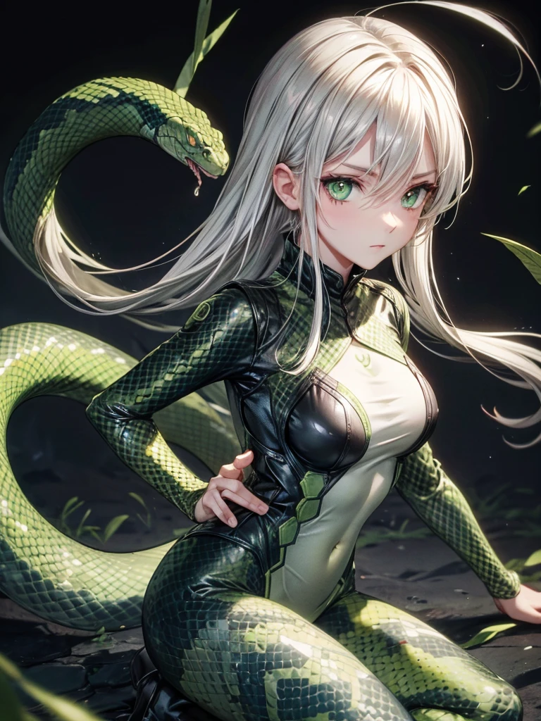 snake girl,Snake tights, green,green eyes, Snake Eyes, White hair, expressionless