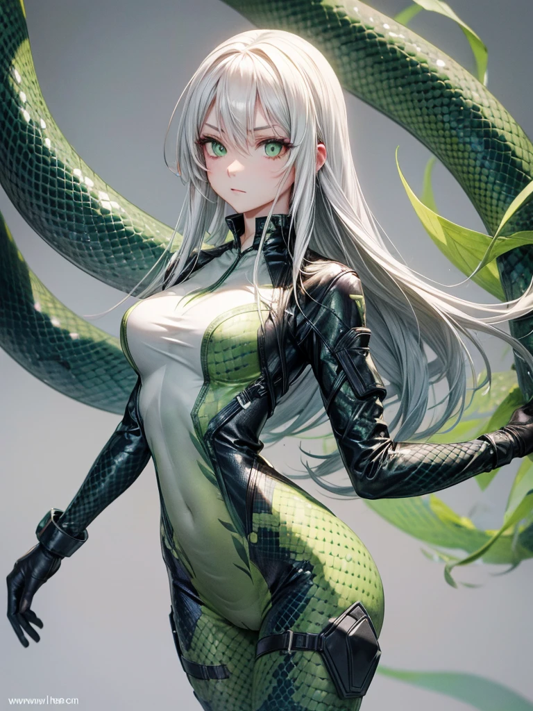 snake girl,Snake tights, green,green eyes, Snake Eyes, White hair, expressionless