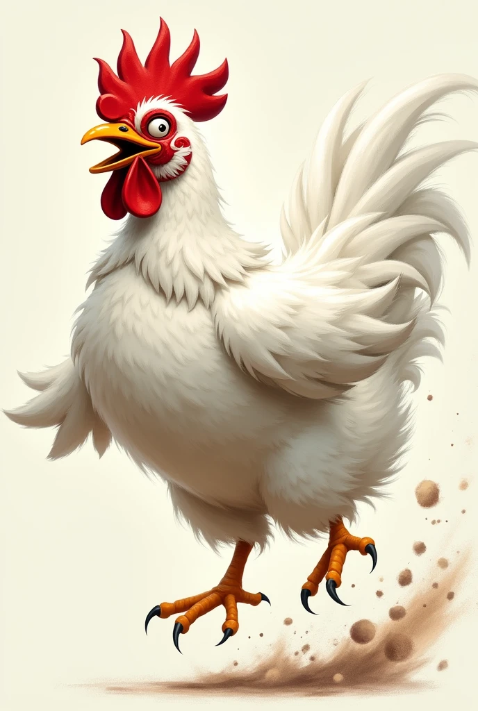 Hello, I want a white chicken running crazy, crazy and disheveled in drawing