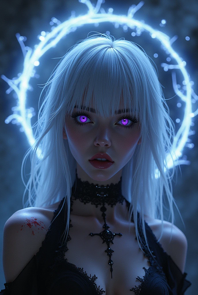 (masterpiece, best quality, ultra-detailed, best shadow), (detailed background,dark fantasy), (beautiful detailed face), high contrast, (best illumination, an extremely delicate and beautiful), ((cinematic light)), colorful, hyper detail, dramatic light, intricate details, (1girl, solo,white hair, sharp face,purple eyes, hair between eyes,dynamic angle), blood splatter, swirling black light around the character, depth of field,black light particles,(broken glass),magic circle,