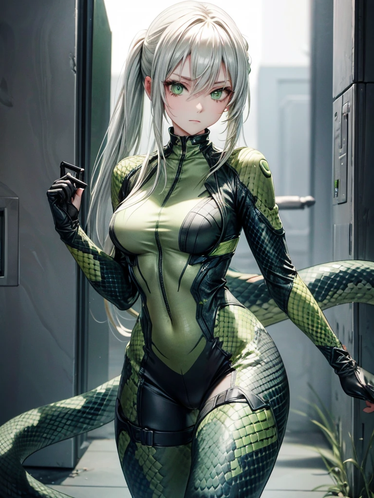 snake girl,Snake tights, green,green eyes, Snake Eyes, White hair, expressionless