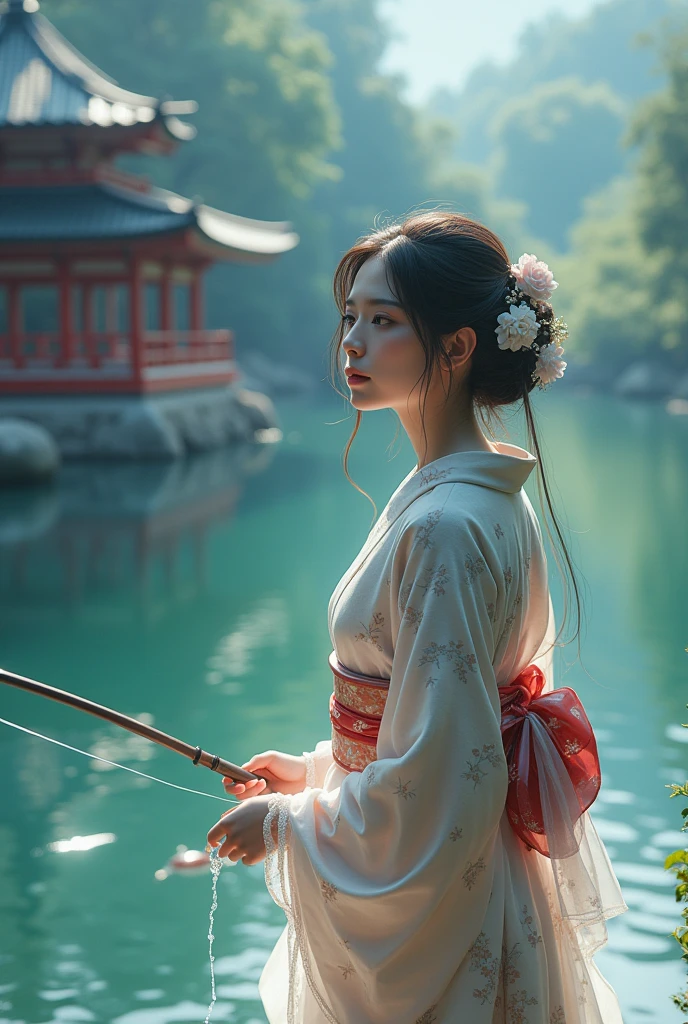  (best quality), (masterpiece), (Ultra-high resolution), (Clear face), （Reality： 1.4）, (perfect lighting),(photorealistic:1.30), anime wallpaper, Guviz style artwork , fantasy cover up to magic , by Yang J, Guviz, beautiful artwork illustration, beautiful digital artwork, beautiful digital illustration, Li Song, beautiful anime portrait, art style at Beauvot,illustration, ethereal and beautiful, highly detailed, CG, unity, 8k wallpaper, Amazing, fine detail, official art, highly detailed CG unity 8k wallpaper,absurd, extremely absurd, large file size, highly detailed , high resolution, very detailed,beautiful girl with details, very detailed eyes and face, beautiful detailed eyes,light on the face,cinematic lighting, A female, kimono , Japanese clothes, Japanese temple, realistic, (full body:1.7), (Turning back viwer), Fishing, holding a fishing rod, outdoor, Lake, Crystal skin details, Glowing skin, ferpect lighting, Soft light, Take a boat, Ika, Fish that is struggling,